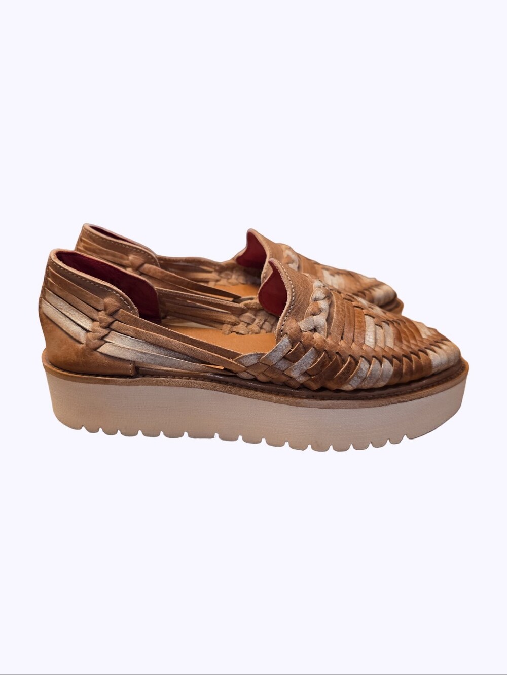 Bed Stu Lita Tan Silver Metallic Woven Leather Platform Huarache Loafers Womens - Picture 7 of 11